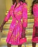 Embossed V-Neck Fashion Tie Pleated Dress For Women