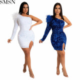 Casual Dress Fashion sexy single shoulder sequins split hip show figure dress