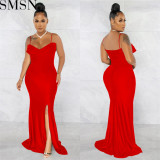 Plus Size Dress European and American fashion women wear suspender pleated wrapped chest solid color dress