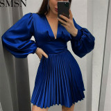 Plus Size Dress Amazon New Autumn and Winter Long Sleeve Pleated Satin Satin A  line High Waist Dress