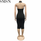 Plus Size Dress fashion pure color halter wrapped chest sleeveless cold shoulder dress