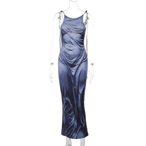 Fashion Printed Fit Light Mature Long Dress Suspender Backless Dress Women'S Clothes