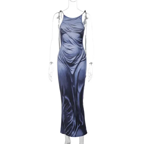 Fashion Printed Fit Light Mature Long Dress Suspender Backless Dress Women'S Clothes