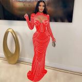 Plus Size Dress Europe and America cross border Women see through slim fit rhinestone dress