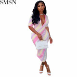 Casual Dress digital stripes contrast color positioning printing skinny V neck button sexy dress