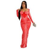 Women'S Hot Diamond Mesh Long Sleeved Long Skirt Dress
