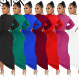 Plus Size Dress fashion solid color and V neck long sleeve dress pleated dress for women