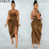 Evening Dresses 2022 Fashion solid color women sexy spaghetti straps chest wrap crimp split dress