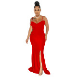 Plus Size Dress European and American fashion women wear suspender pleated wrapped chest solid color dress