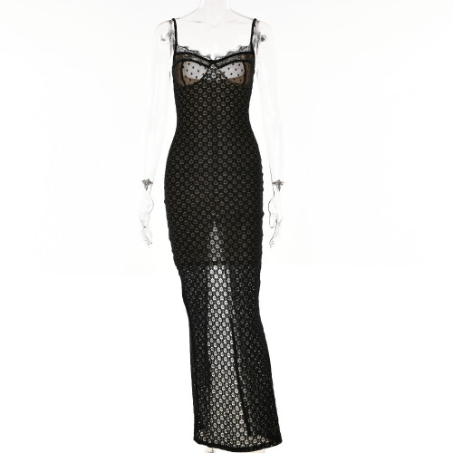 Sexy Strap Tight Long Dress Split Dotted Dress