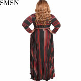 Plus Size Dress Amazon autumn and winter New striped print with belt stylish loose plus size women dress
