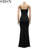 Plus Size Dress European and American fashion women wear suspender pleated wrapped chest solid color dress
