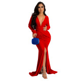 Plus Size Dre Amazon European and American fashion solid color and V neck long sleeve dress