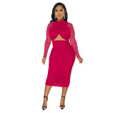 Plus Size Dress Amazon Fashion Women Mesh Long Sleeve Solid Color Wrapped Chest Navel Dress