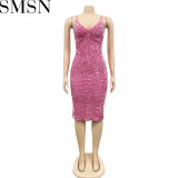 Casual Dress new pure color sequins sexy V neck brace midi dress for women