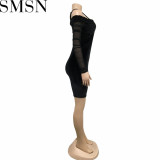 Plus Size Dress mesh long sleeve off the shoulder V neck velvet spaghetti straps dress for women