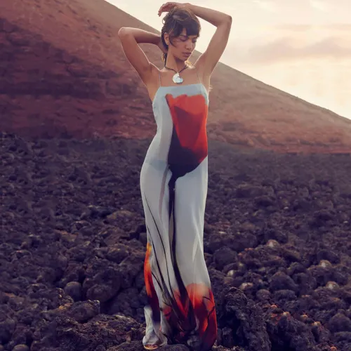 Printed Perspective Strap One Line Neck Long Dress