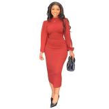 Plus Size Dress Fashion round Neck Long Sleeve Slim Party Dress Women