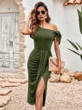 Casual Knitted Slant Neck Split Waist Dress