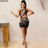Sexy solid color women's clothing rhinestone mesh shoulder hollow dress plus size casual dress