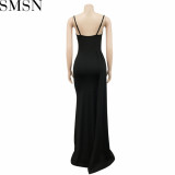 Plus Size Dress European and American sling solid color side drag side open dress for women