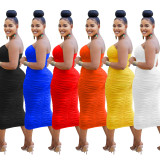 Solid Color Sleeveless Pleated Bra Long Dress