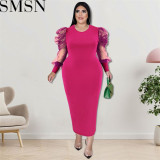 Plus Size Dress fall women clothing wholesale round neck long sleeve hit net dress