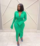 Fashion women dress Amazon long sleeve V neck long button bell sleeve dress sweater