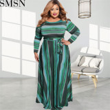 Plus Size Dress Amazon autumn and winter New striped print with belt stylish loose plus size women dress