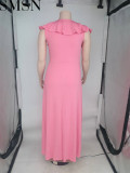Casual Dress Amazon fashion pure color ruffles plus size dress
