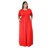 Fashion women dress solid color round neck loose casual plus size dress