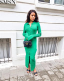 Fashion women dress Amazon long sleeve V neck long button bell sleeve dress sweater