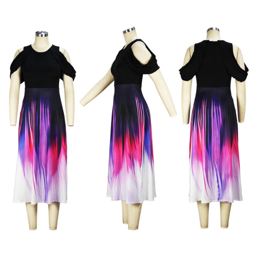 Sexy Off Shoulder Gradient Printed Short Sleeve Long Dress