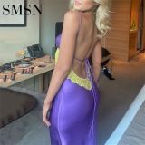 Fashionable sexy spice girl spell color halter belt dress hook flower hollow V collar back waist long Casual Dress