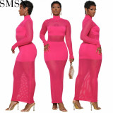 Plus Size Dress Amazon Popular Sexy Solid Color Mesh Stitching Long Sleeves Dress