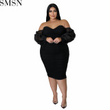 Plus Size Dress autumn new large size women dress skinny mesh pleated long sleeve one step dress