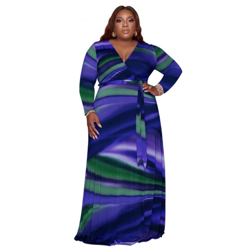 Plus Size Dress Amazon abstract printing with belt deep V neck fashion tight large size dress