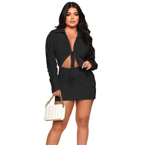 Spring And Summer Hollowed Out Lace Up One Piece Breasted Package Buttock Shirt Dress