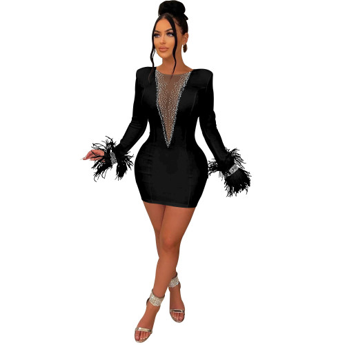 Plus Size Dress solid color and V neck mesh see through long sleeve dress for women