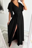 Solid Flare Sleeves Loose V-Neck Floor Dress