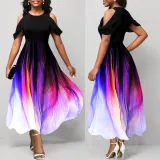 Sexy Off Shoulder Gradient Printed Short Sleeve Long Dress