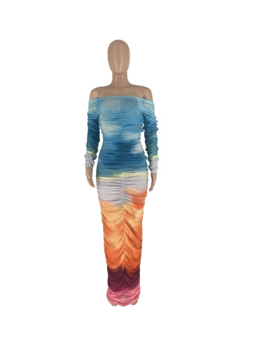 Printed One Line Collar Stacked Sleeve Wrapped Hip Dress