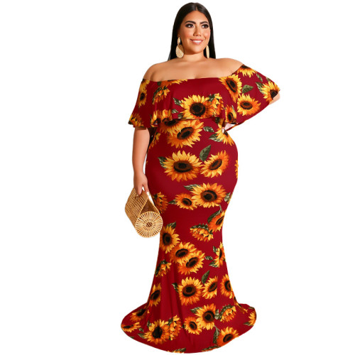 Plus Size Dress 2022 Summer Sunflowers Leaf Printed Sexy Tight Dress