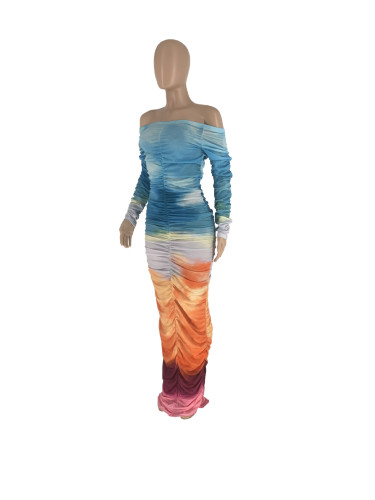 Printed One Line Collar Stacked Sleeve Wrapped Hip Dress