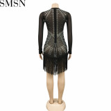 Casual Dress fashion nightclub hot drilling mesh see through silk long sleeve short dress