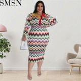 Plus Size Dress European and American long sleeve collar printed open tube fashion dress