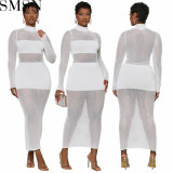 Plus Size Dress Amazon Popular Sexy Solid Color Mesh Stitching Long Sleeves Dress