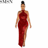 Plus Size Dress Amazon Sequin See-through Solid Color Sleeveless Halter Dress