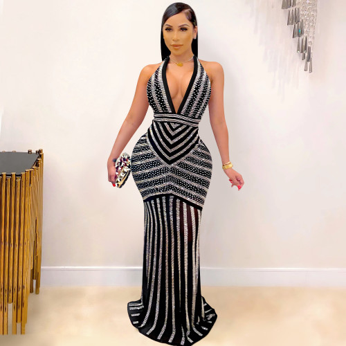 Fashion women dress deep V-neck and backless nightclub party formal dress rhinestone see-through dress plus size casual dress