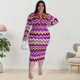 Plus Size Dress European and American long sleeve collar printed open tube fashion dress